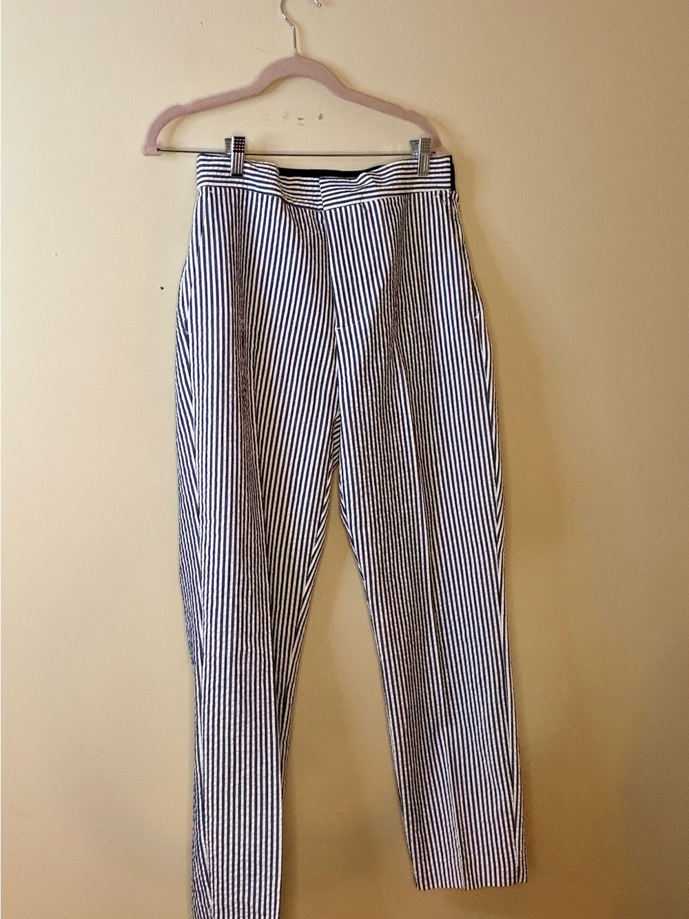Zara Navy and White Vertical Stripe Ankle Trousers